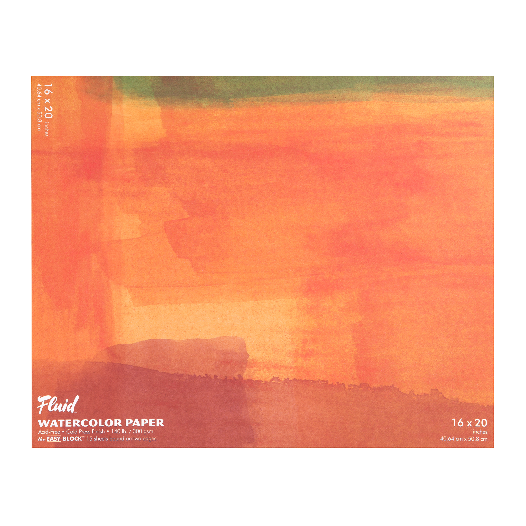 A Speedball Fluid Watercolour Block Pad with orange and yellow watercolour design cover with text indicating cold press finish and 300gsm paper weight.