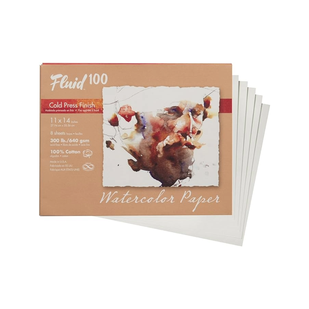An envelope of Fluid 100 watercolor paper with a cover depicting a watercolour portrait painting, in front of the paper sheets.