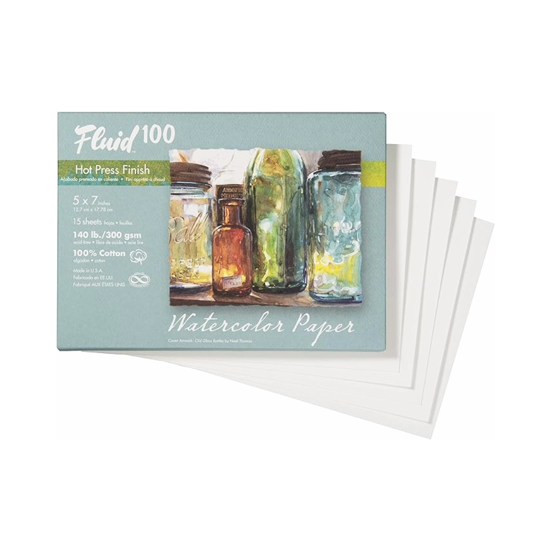 An envelope of Fluid 100 watercolor paper with a cover depicting a watercolour painting of various bottles, in front of the paper sheets