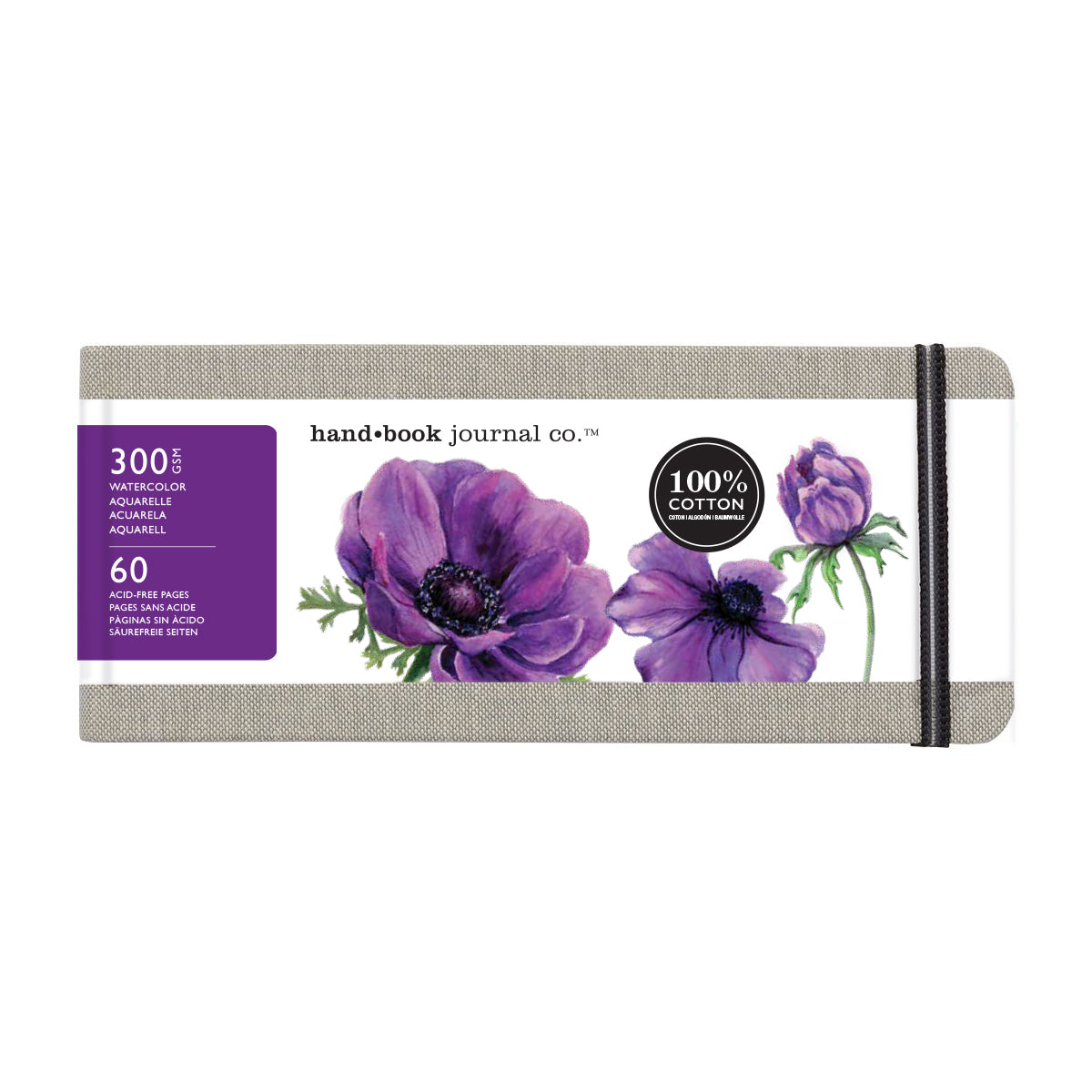 A landscape linen-covered watercolour journal with a beige textured cover and a floral designed packaging on a white background