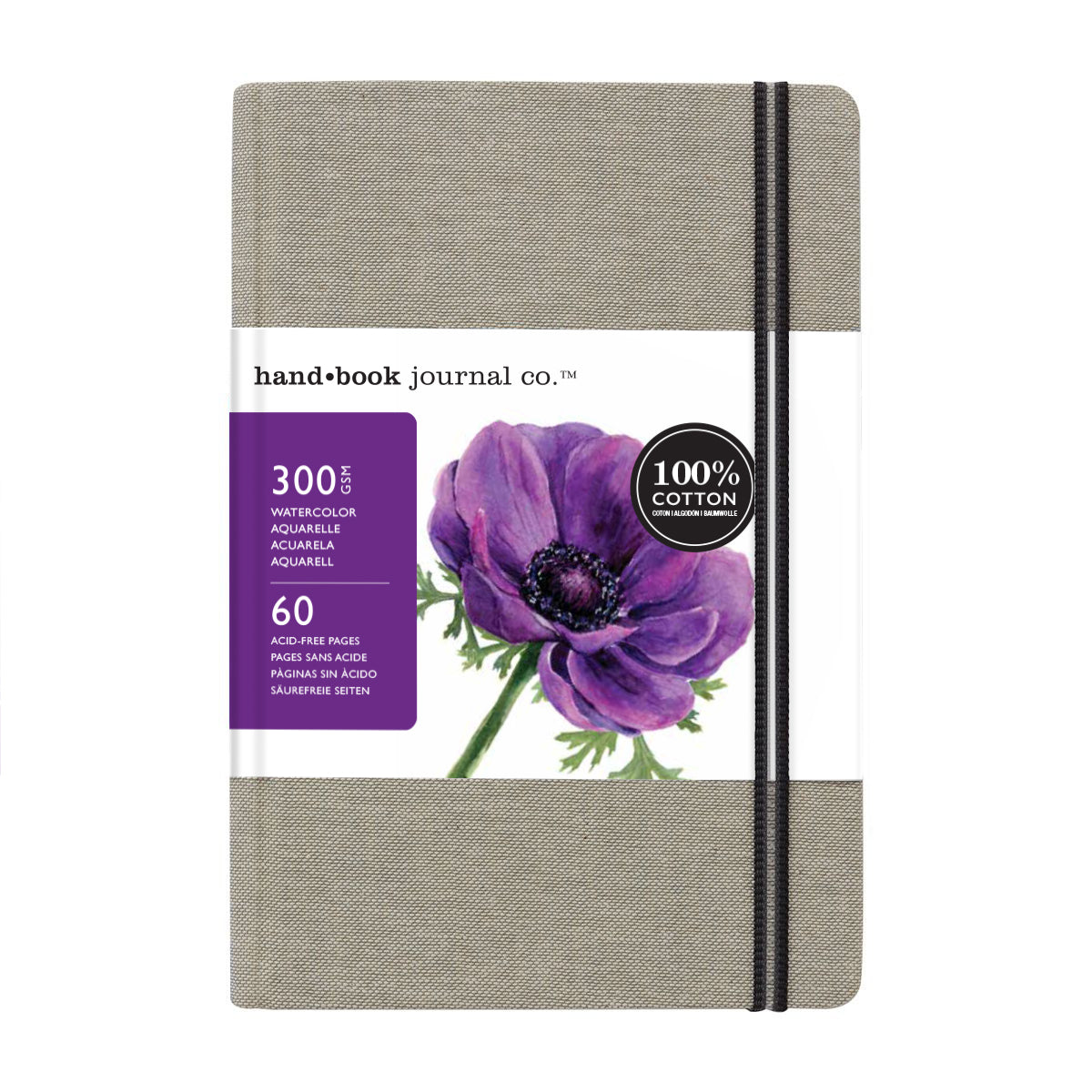 A portrait linen-covered watercolour journal with a beige textured cover and a floral designed packaging on a white background