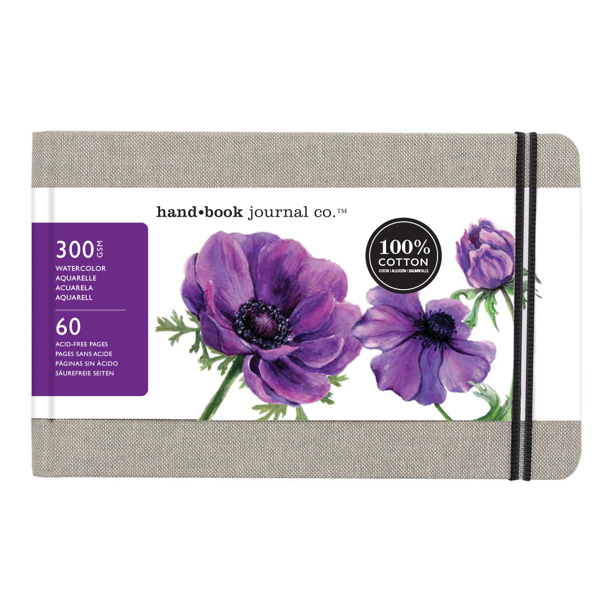 A landscape linen-covered watercolour journal with a beige textured cover and a floral designed packaging on a white background