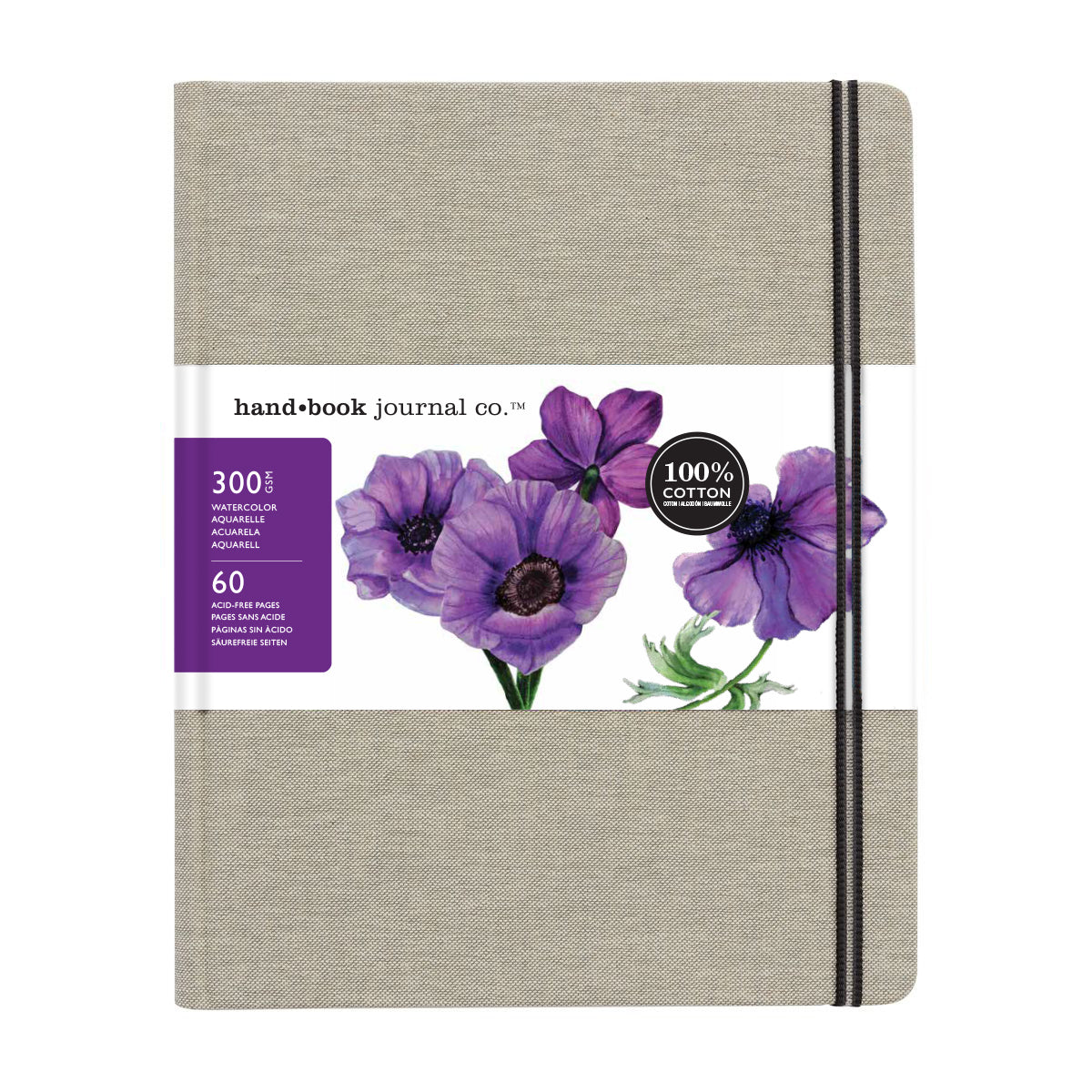 A portrait linen-covered watercolour journal with a beige textured cover and a floral designed packaging on a white background