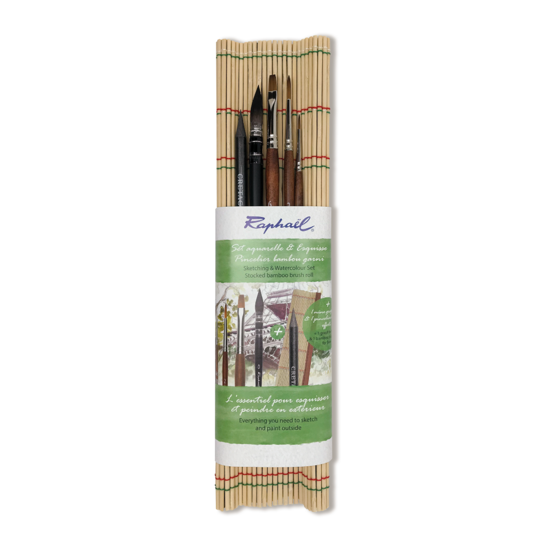 A bamboo brush roll package containing various paint brushes and a graphite stick, branded by Raphaïel.