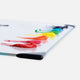 A clear glass slab with corner protectors with a range of coloured oil paints swatched on the top.