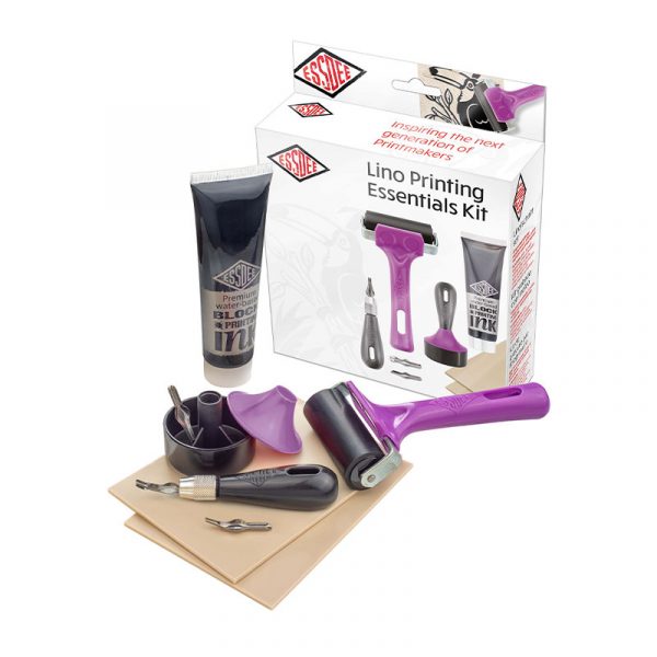 Essdee Lino Printing Essentials Kit, including carving blocks, safety lino cutter, ink roller with purple handle, baren base and cap, lino cutters, handle with aluminium ferrule, and a tube of black block printing ink.