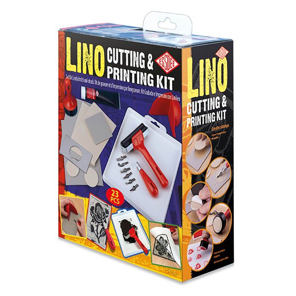 A lino cutting and printing kit packaging showing included tools and materials such as carving blocks, cutters, a safety hand guard, an ink roller, a Baren tool, and ink tray; on a white background.