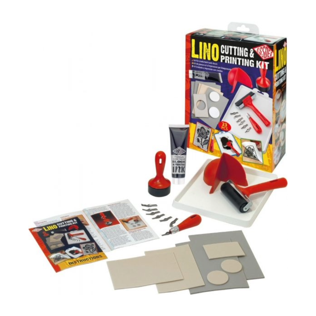 A lino cutting and printing kit displayed, including tools and materials such as carving blocks, cutters, a safety hand guard, an ink roller, a Baren tool, and ink tray.