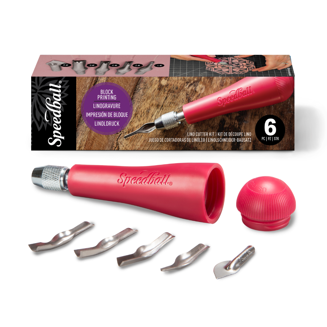 Speedball block printing tool set with red handle and metal components, including packaging.