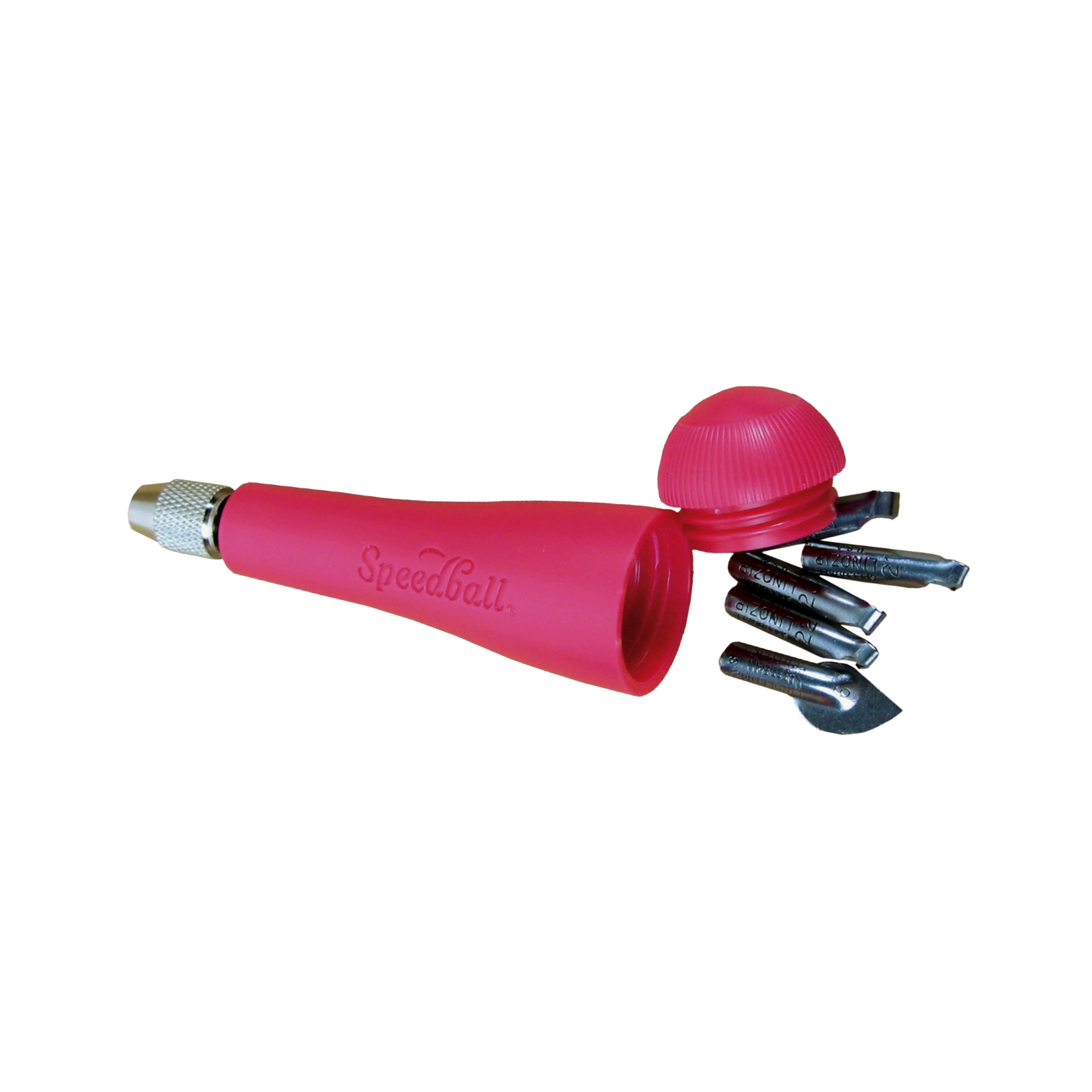Red Speedball art tool with interchangeable nozzles on a white background