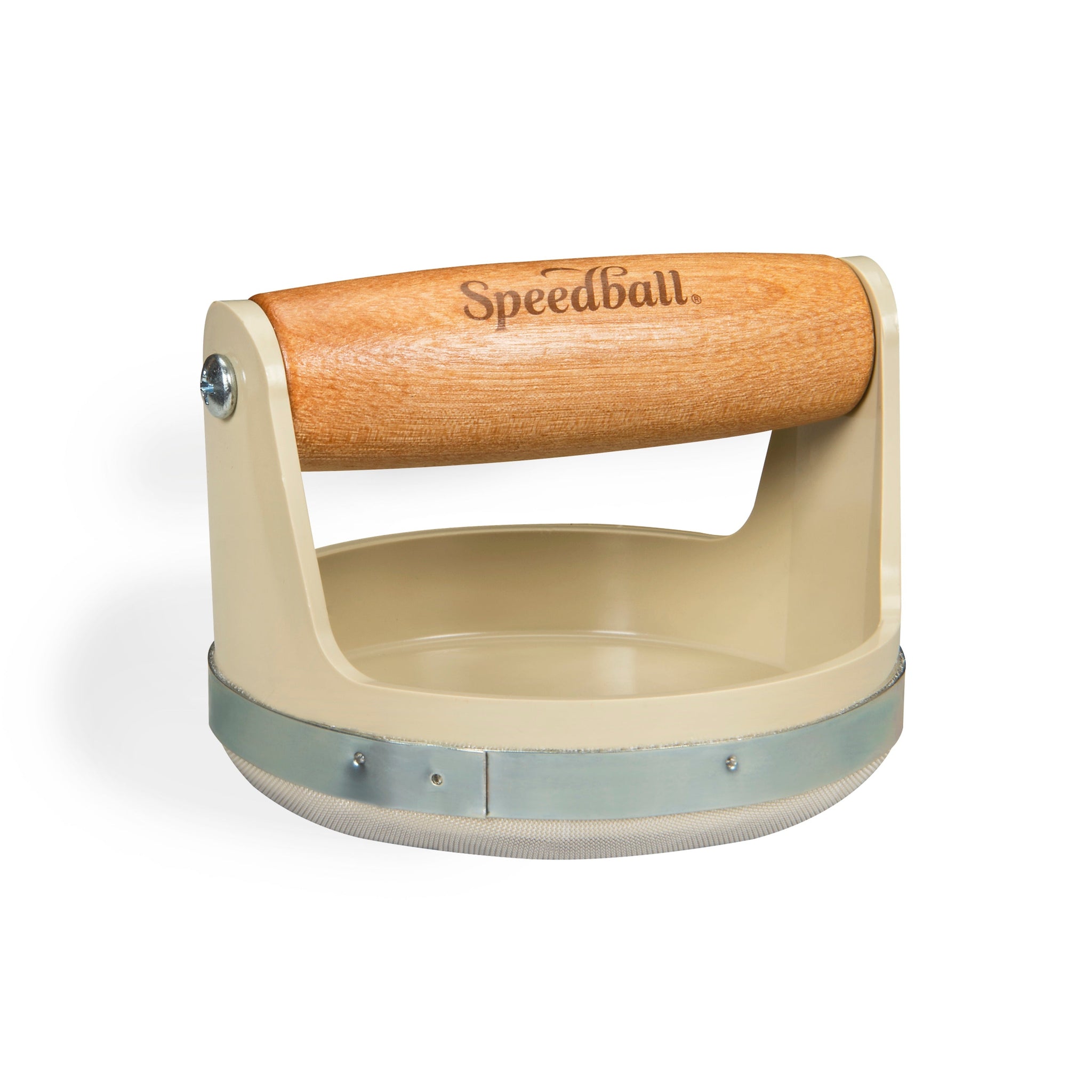 A Speedball brand baren with a cast metal body, teflon and wooden handle.