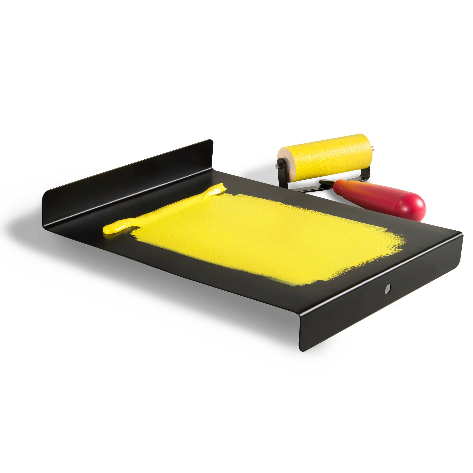 Speedball Bench Hook with yellow ink rolled out and a roller beside it on a white background