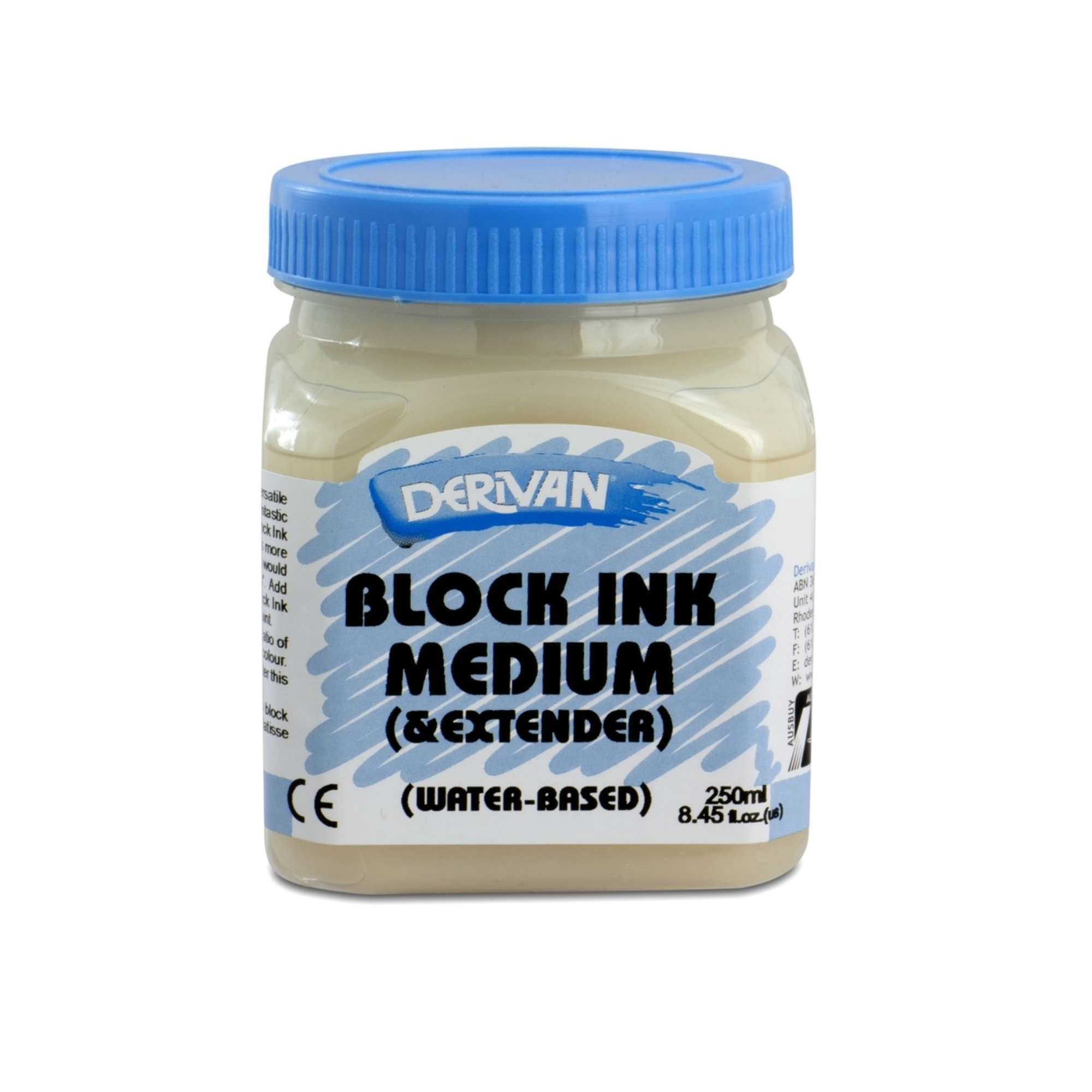 Jar of Derivan Block Ink Medium with blue lid on a white background