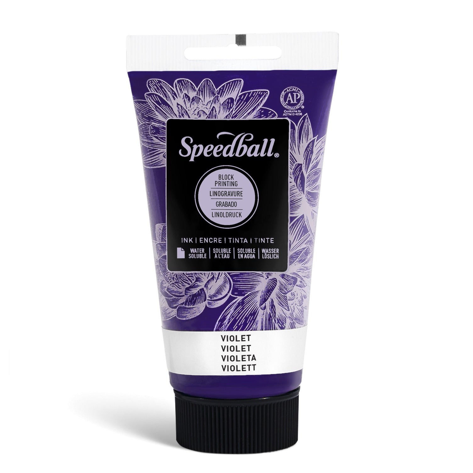 A tube of Violet Speedball Water Based Block Printing Inks with a black cap and label featuring text and floral designs.
