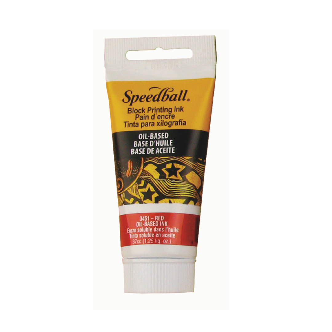 Speedball printing ink tube with yellow and black packaging and red colour label on a white background.
