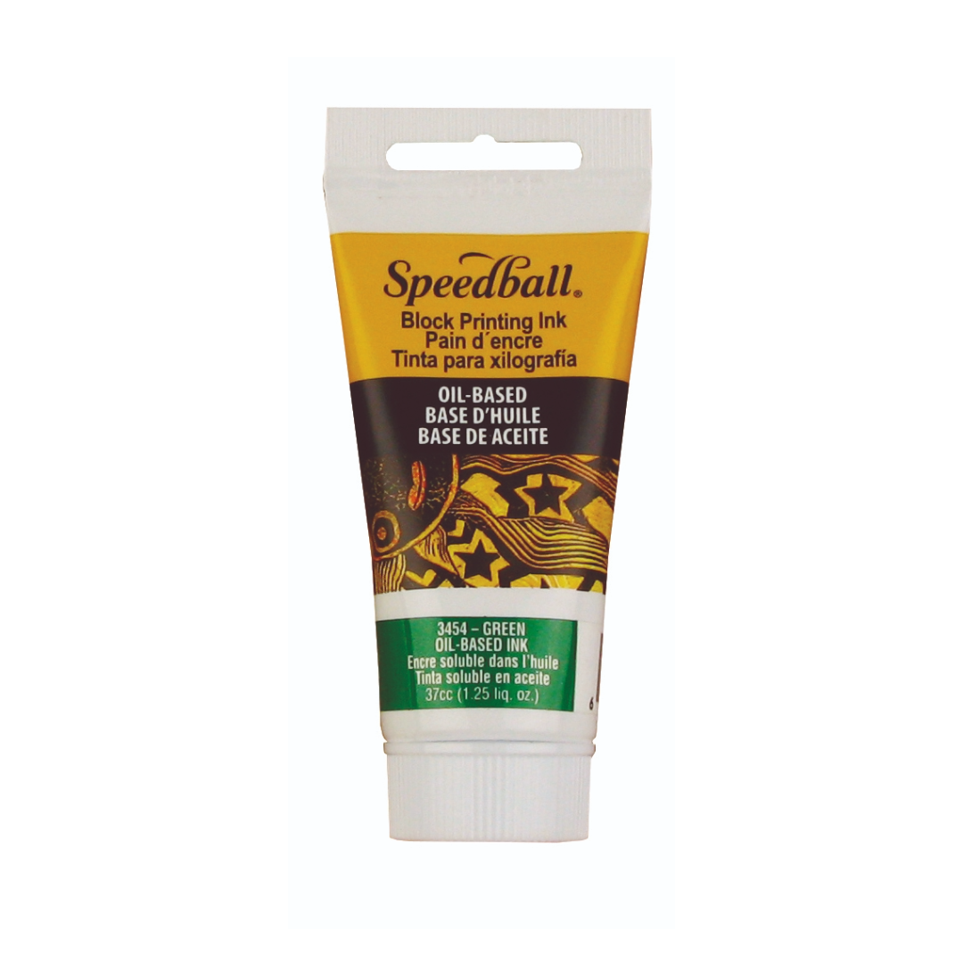 Speedball printing ink tube with yellow and black packaging and green colour label on a white background.
