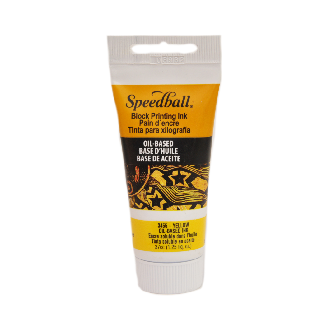 Speedball printing ink tube with yellow and black packaging and yellow colour label on a white background.