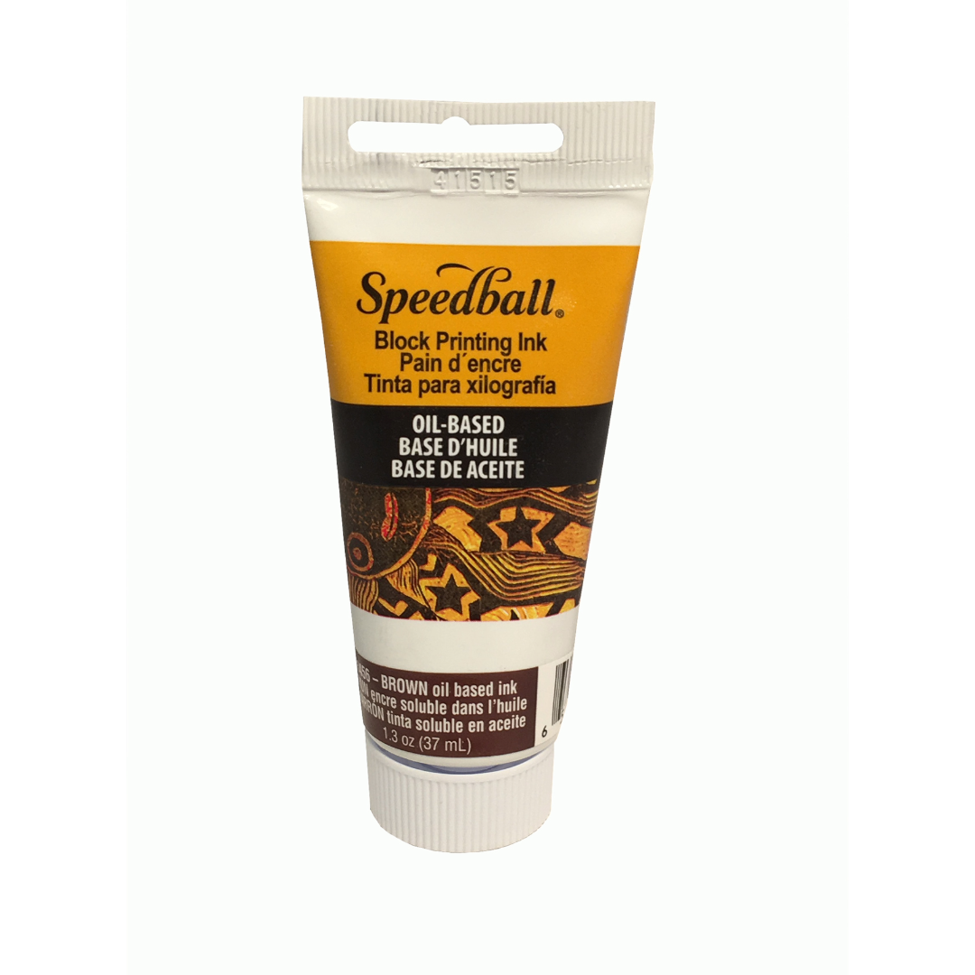 Speedball printing ink tube with yellow and black packaging and brown colour label on a white background.