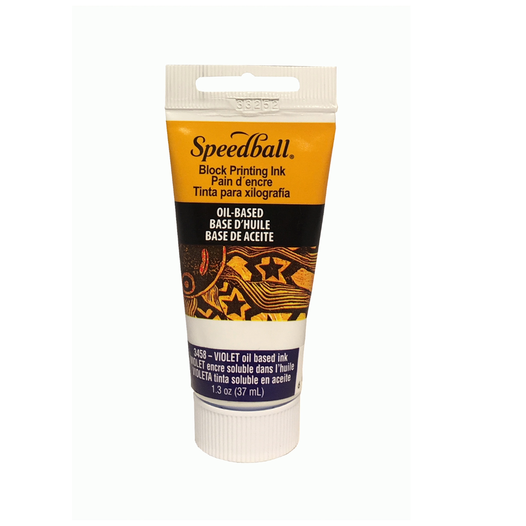 Speedball printing ink tube with yellow and black packaging and violet colour label on a white background.