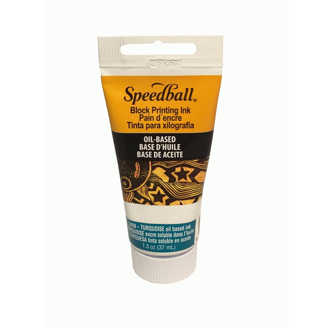 Speedball printing ink tube with yellow and black packaging and turquoise colour label on a white background.