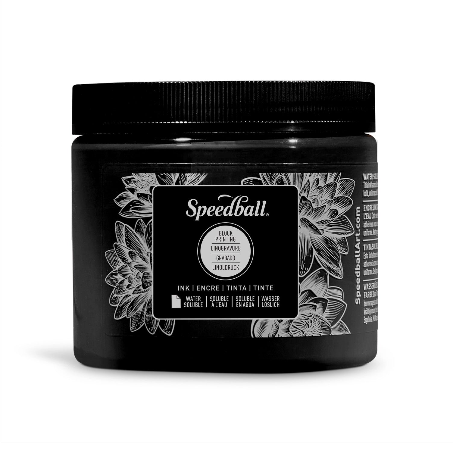 A jar of Speedball Water Based Block Printing Ink in black, with a label showing the brand and product name, on a white background