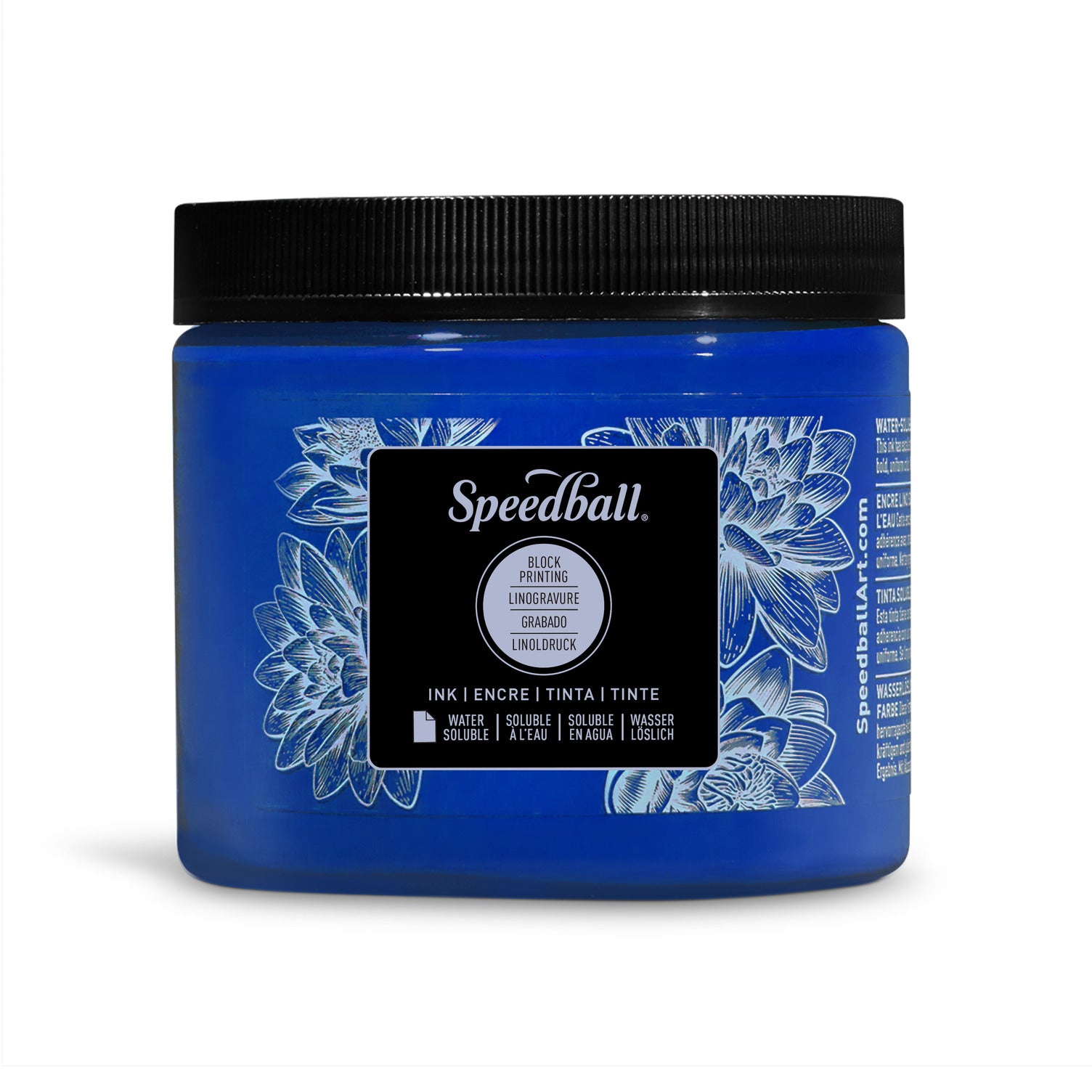 A jar of Speedball Water Based Block Printing Ink in blue, with a label showing the brand and product name, on a white background