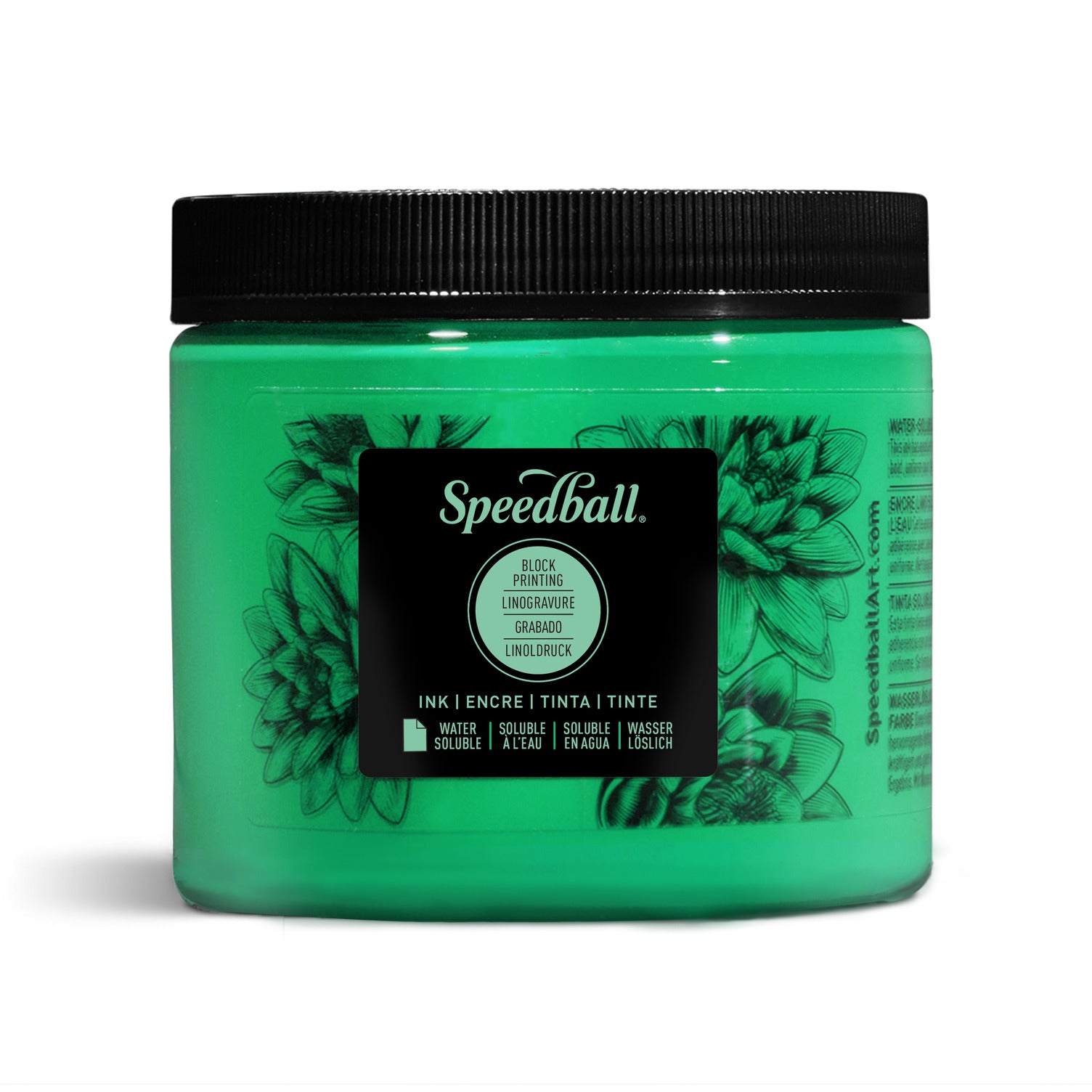 A jar of Speedball Water Based Block Printing Ink in green, with a label showing the brand and product name, on a white background