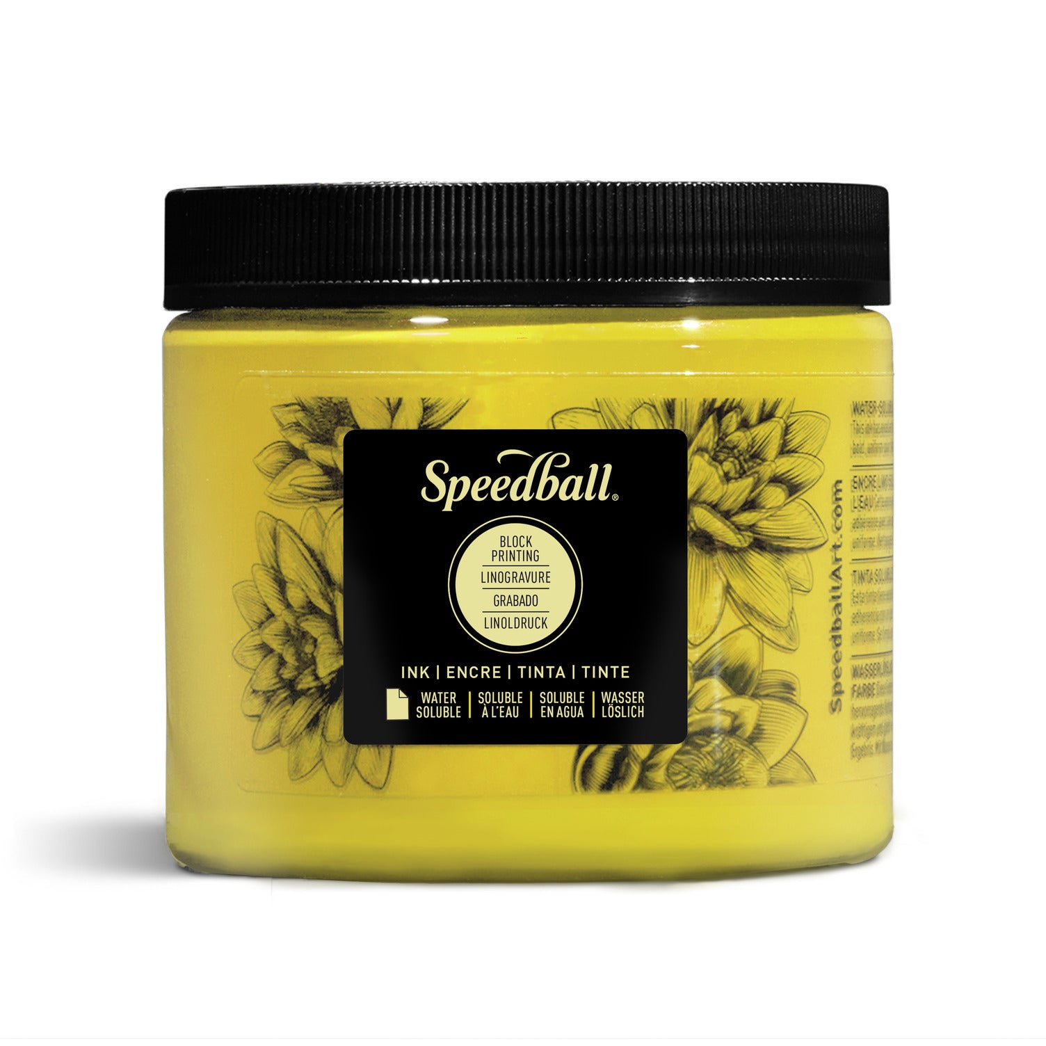 A jar of Speedball Water Based Block Printing Ink in yellow, with a label showing the brand and product name, on a white background