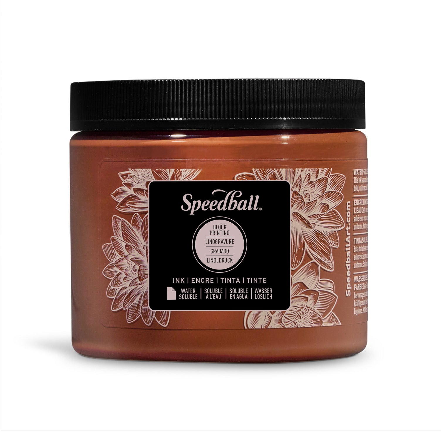 A jar of Speedball Water Based Block Printing Ink in brown, with a label showing the brand and product name, on a white background