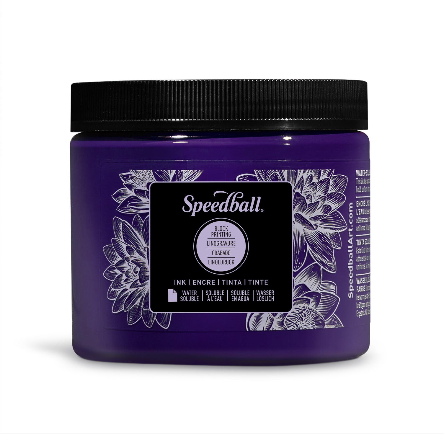 A jar of Speedball Water Based Block Printing Ink in violet, with a label showing the brand and product name, on a white background