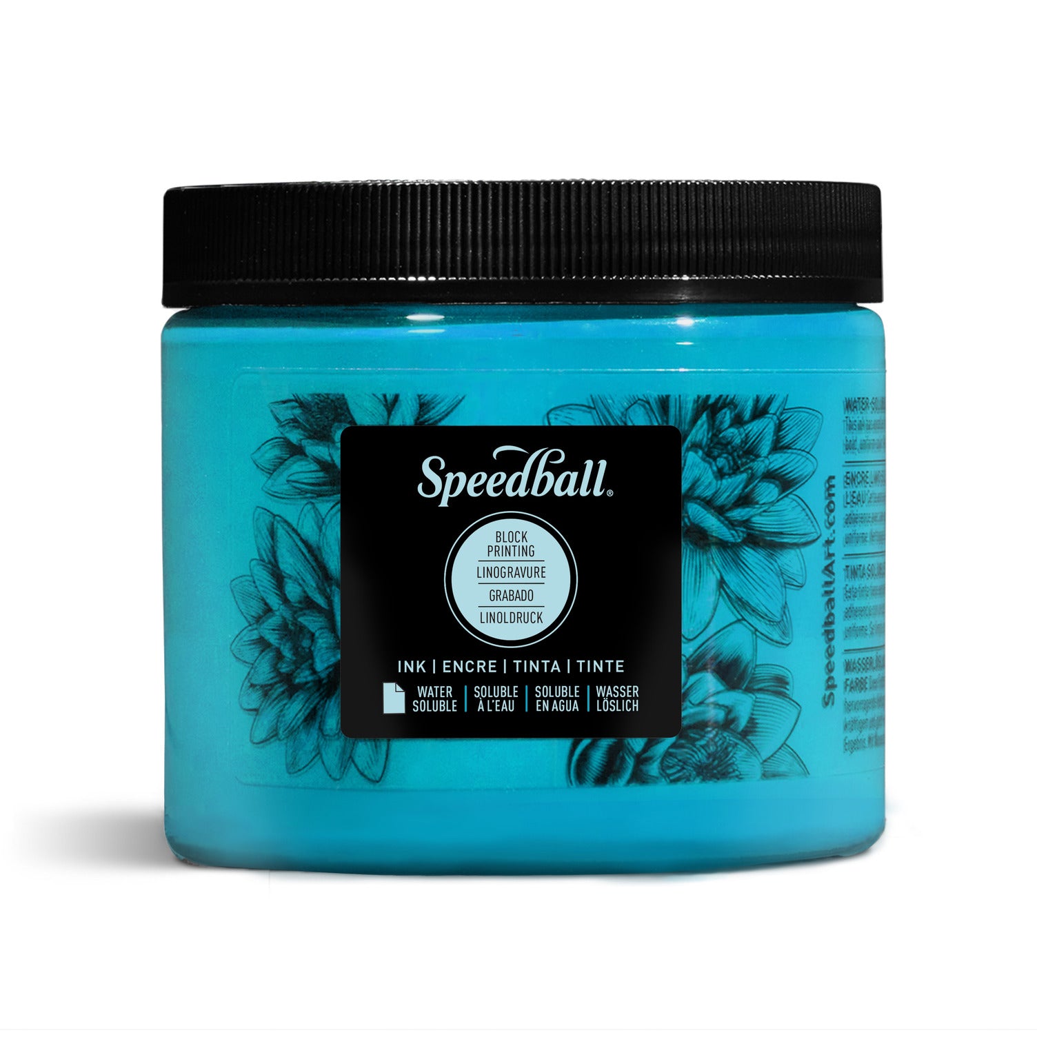 A jar of Speedball Water Based Block Printing Ink in turquoise, with a label showing the brand and product name, on a white background
