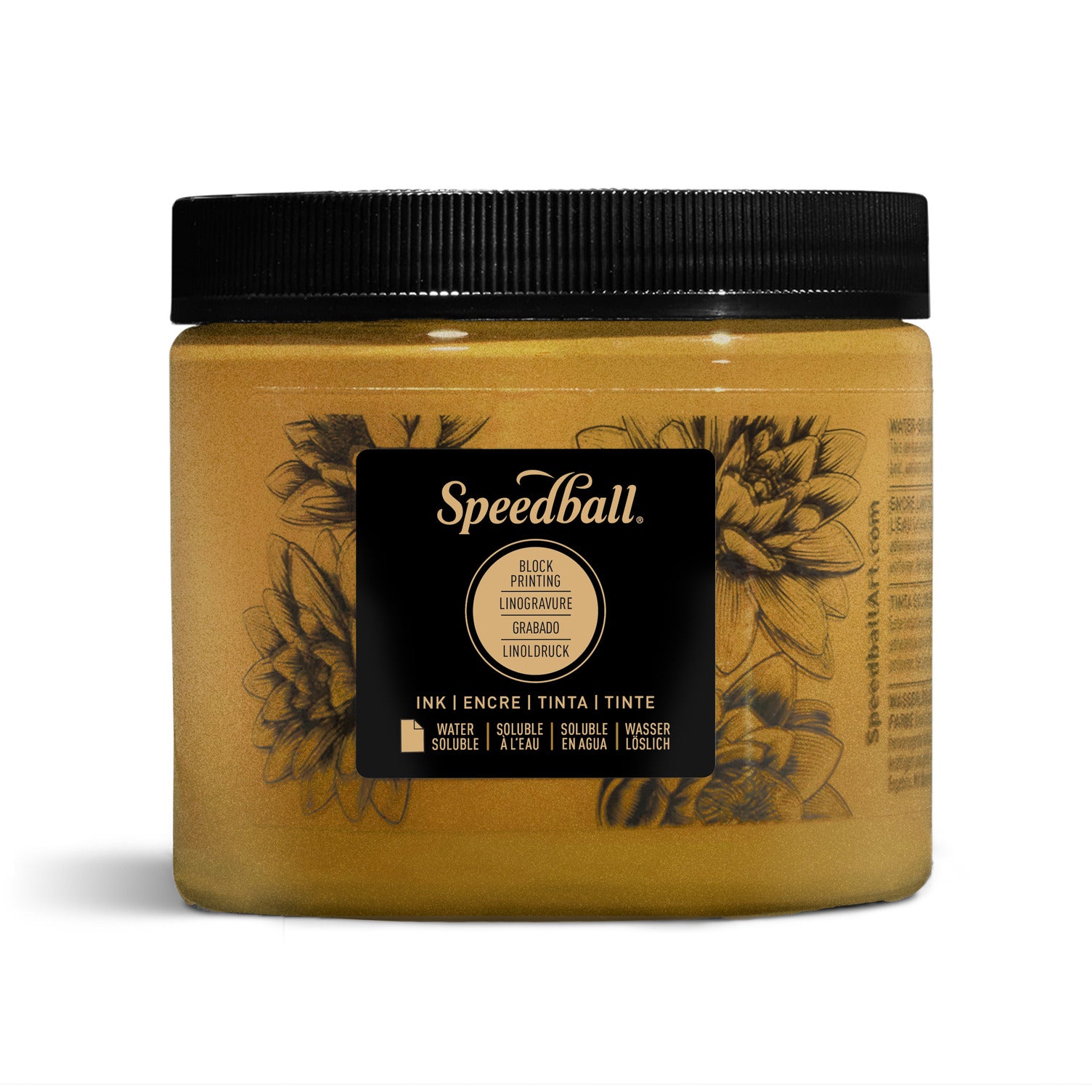 A jar of Speedball Water Based Block Printing Ink in copper, with a label showing the brand and product name, on a white background