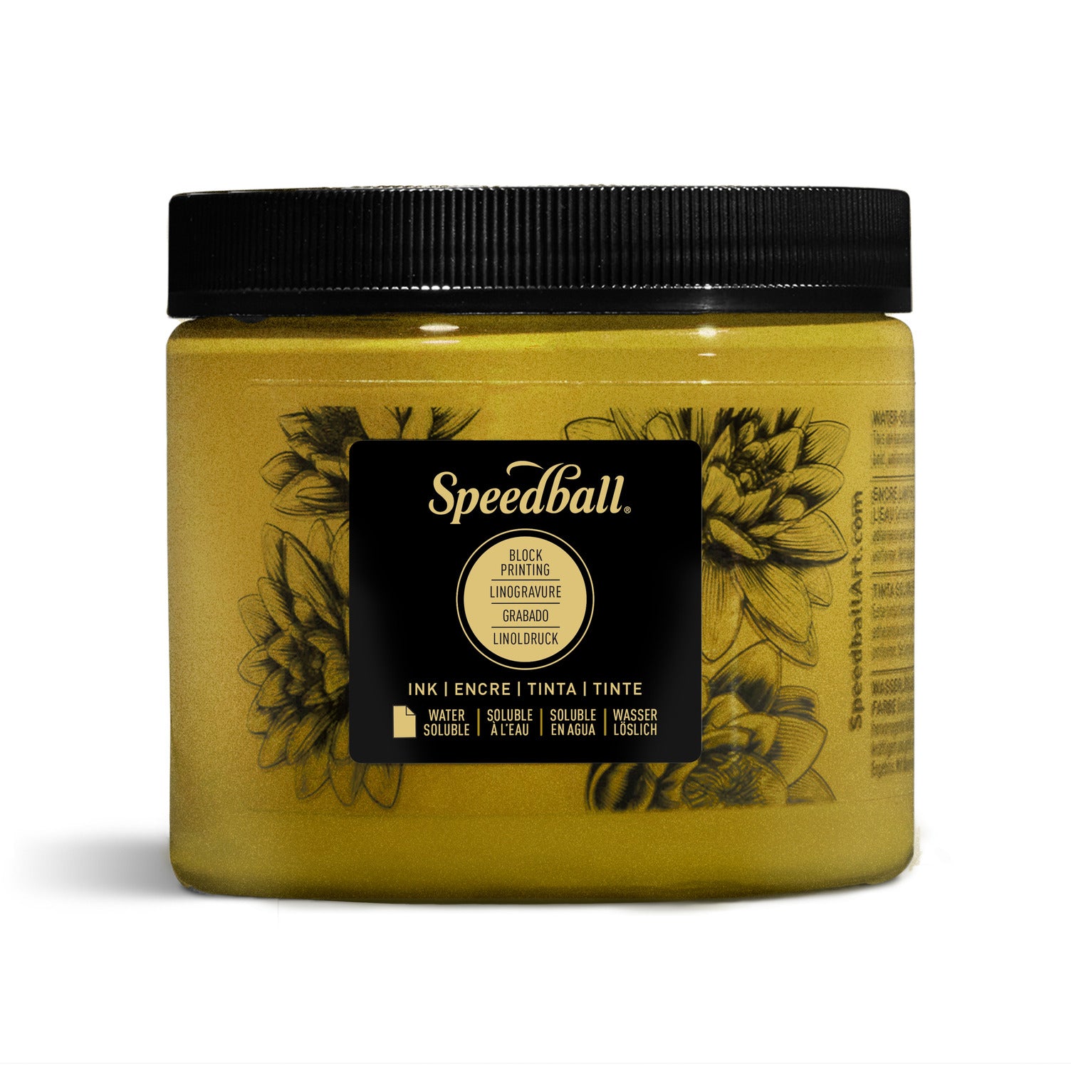 A jar of Speedball Water Based Block Printing Ink in gold, with a label showing the brand and product name, on a white background