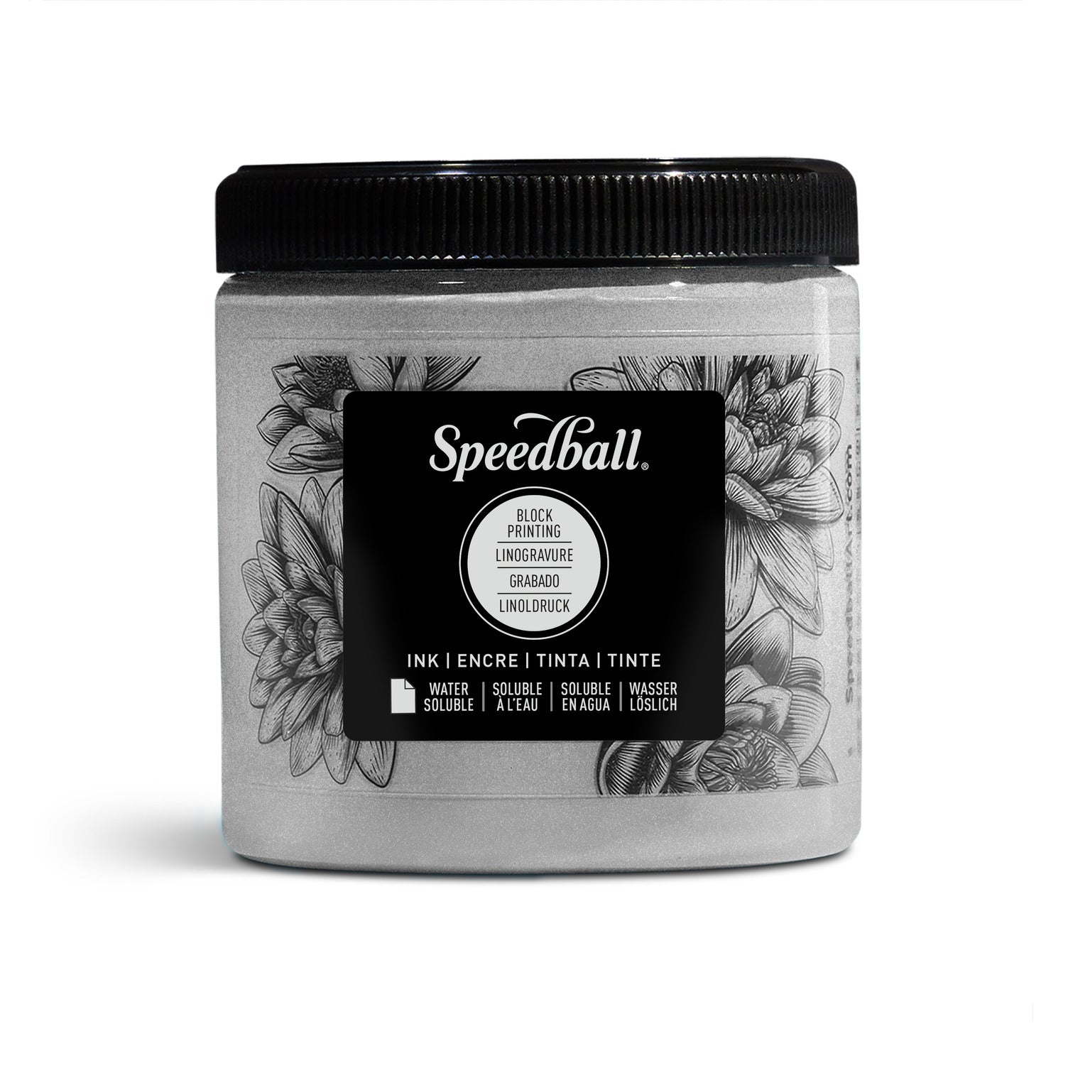 A jar of Speedball Water Based Block Printing Ink in silver, with a label showing the brand and product name, on a white background