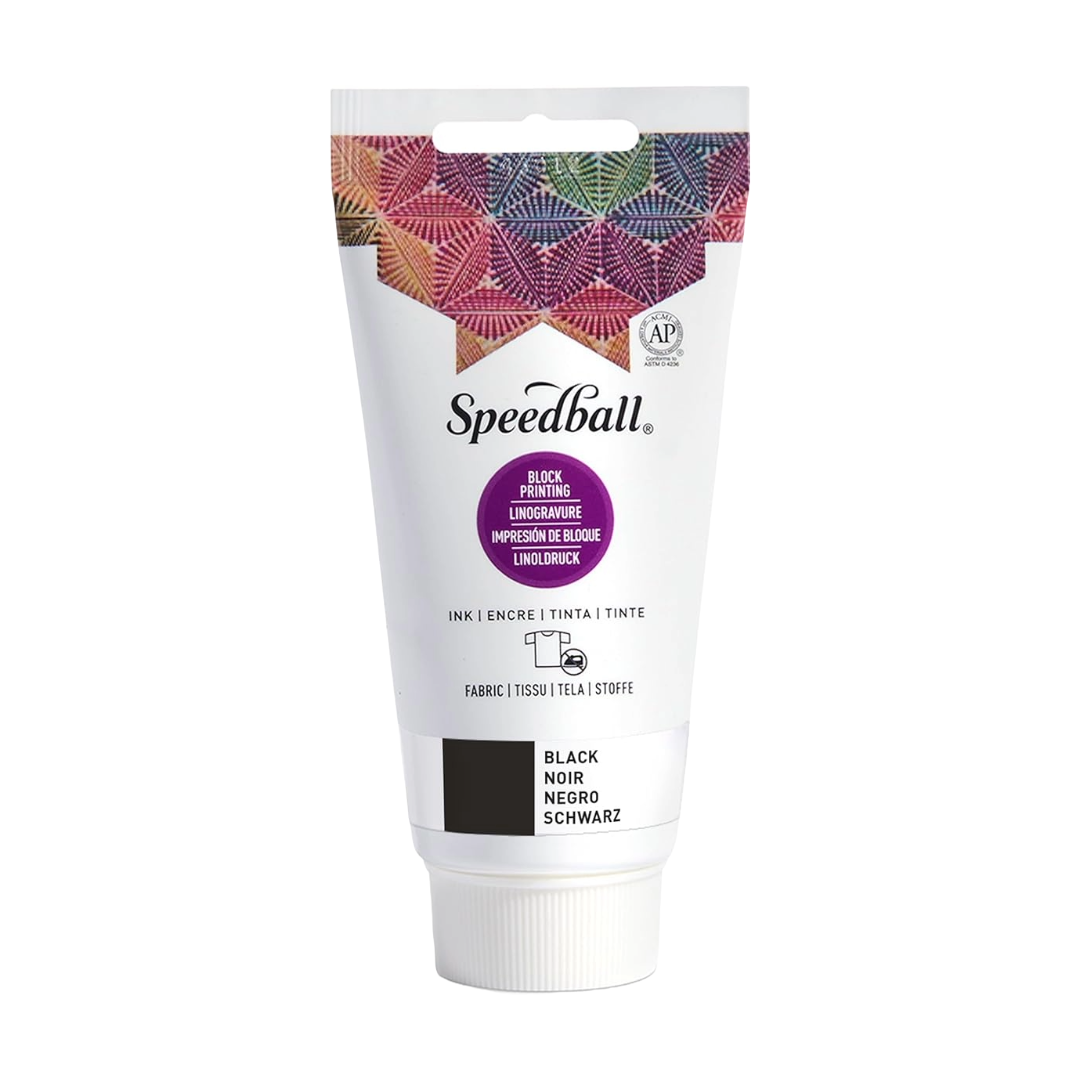 Speedball Fabric Relief Printing ink tube with colourful design and black colour swatch on a white background