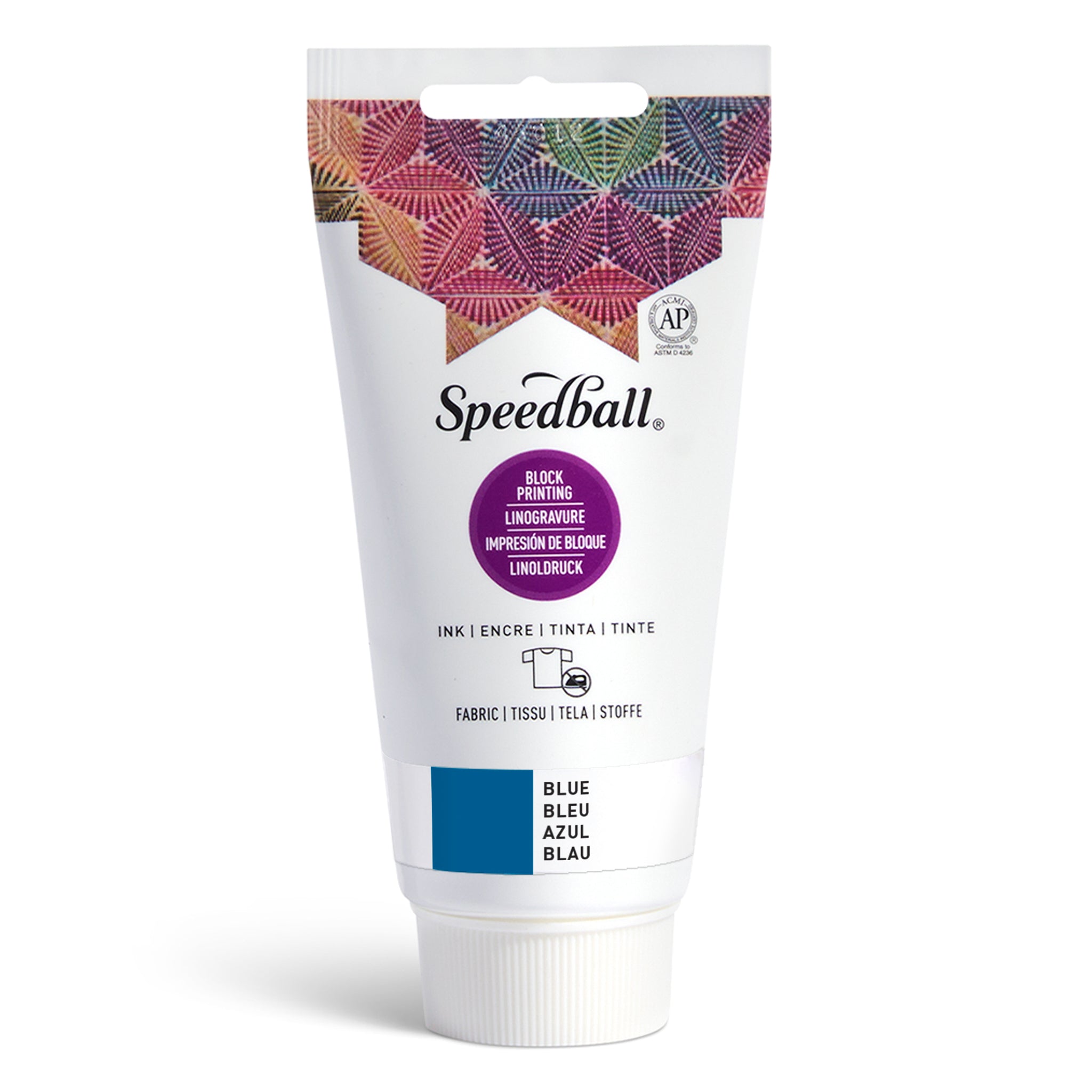 Speedball Fabric Relief Printing ink tube with colourful design and blue colour swatch on a white background