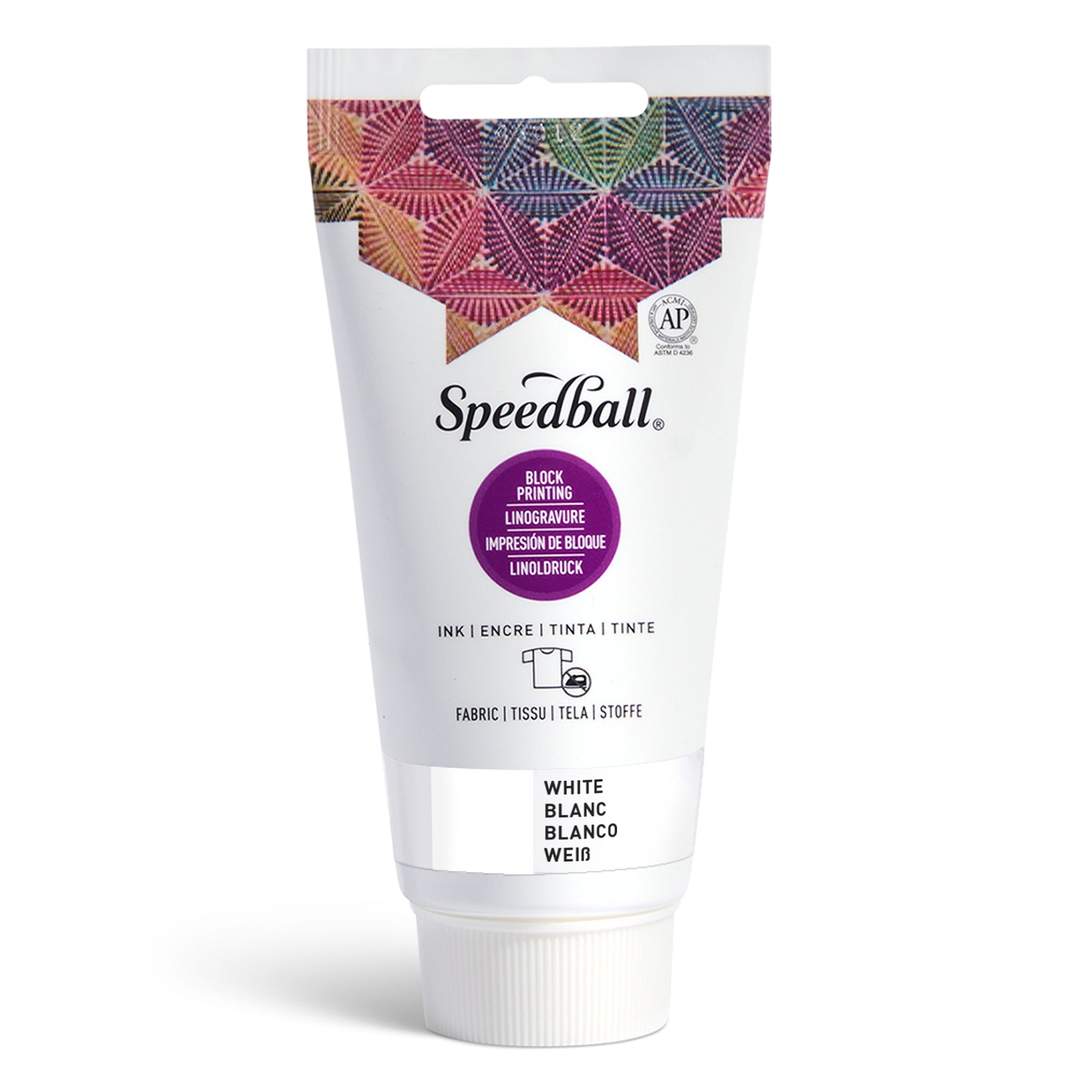 Speedball Fabric Relief Printing ink tube with colourful design and white colour swatch on a white background