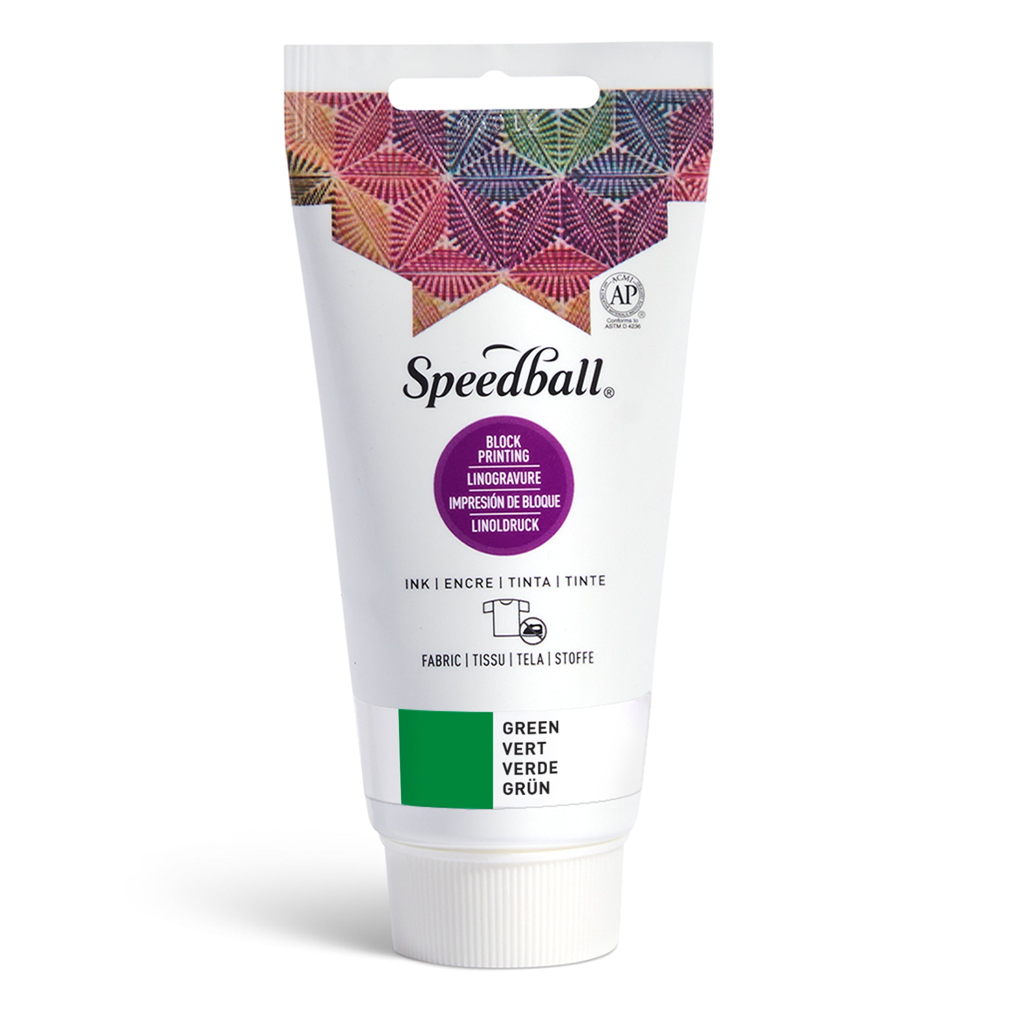 Speedball Fabric Relief Printing ink tube with colourful design and green colour swatch on a white background