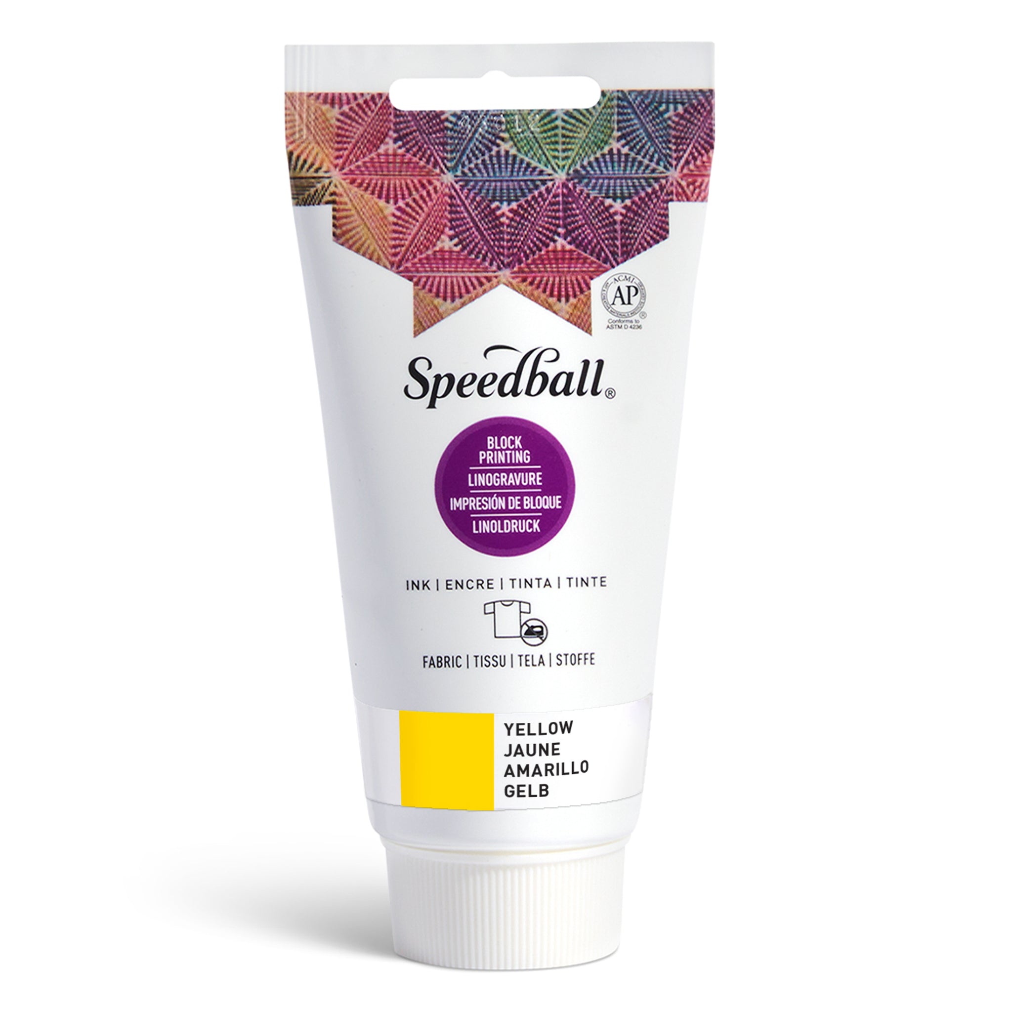 Speedball Fabric Relief Printing ink tube with colourful design and yellow colour swatch on a white background