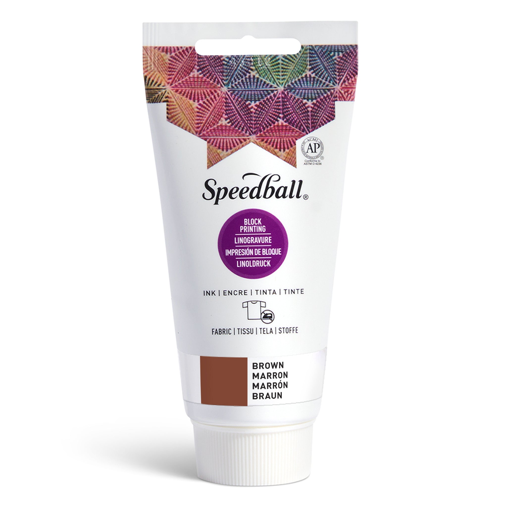 Speedball Fabric Relief Printing ink tube with colourful design and brown colour swatch on a white background
