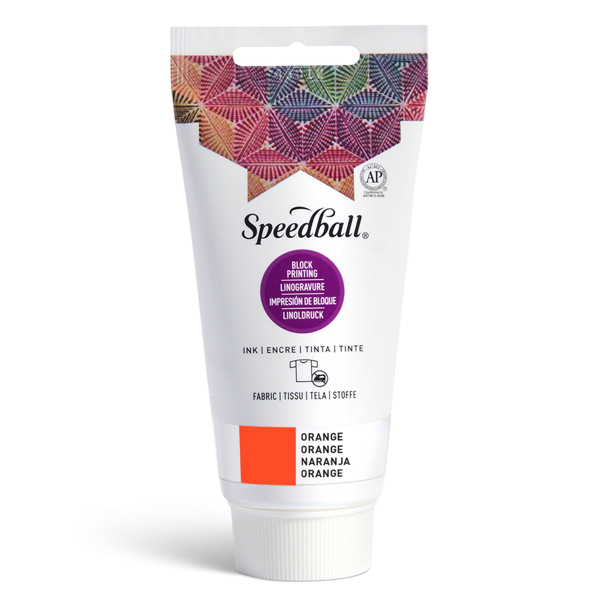 Speedball Fabric Relief Printing ink tube with colourful design and orange colour swatch on a white background