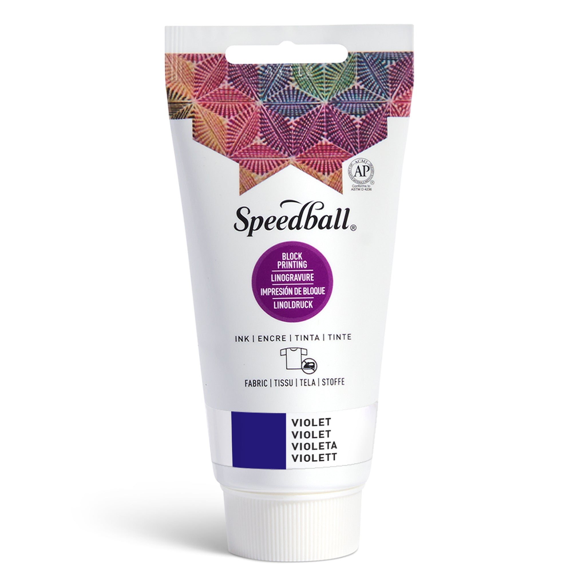 Speedball Fabric Relief Printing ink tube with colourful design and violet colour swatch on a white background