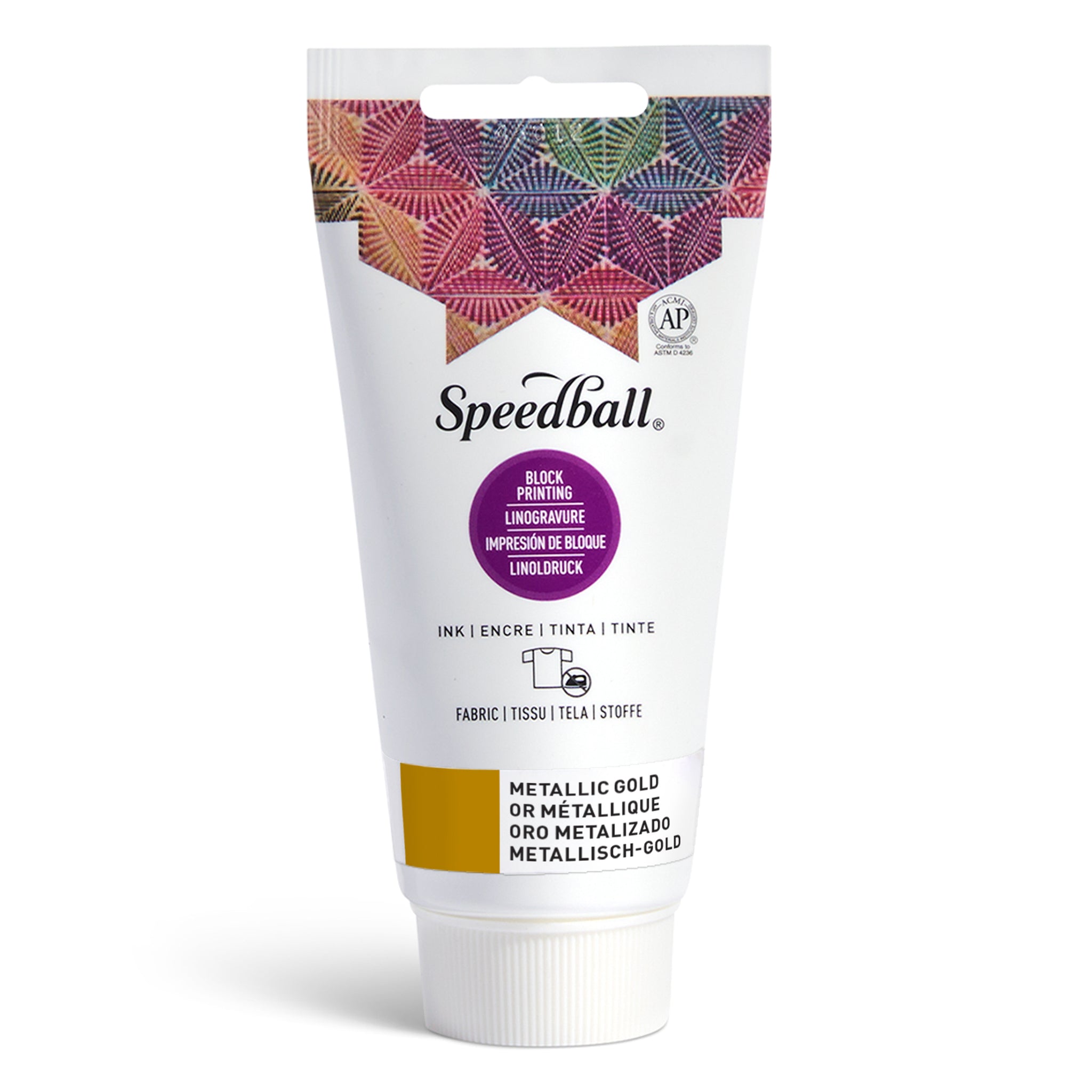 Speedball Fabric Relief Printing ink tube with colourful design and gold colour swatch on a white background