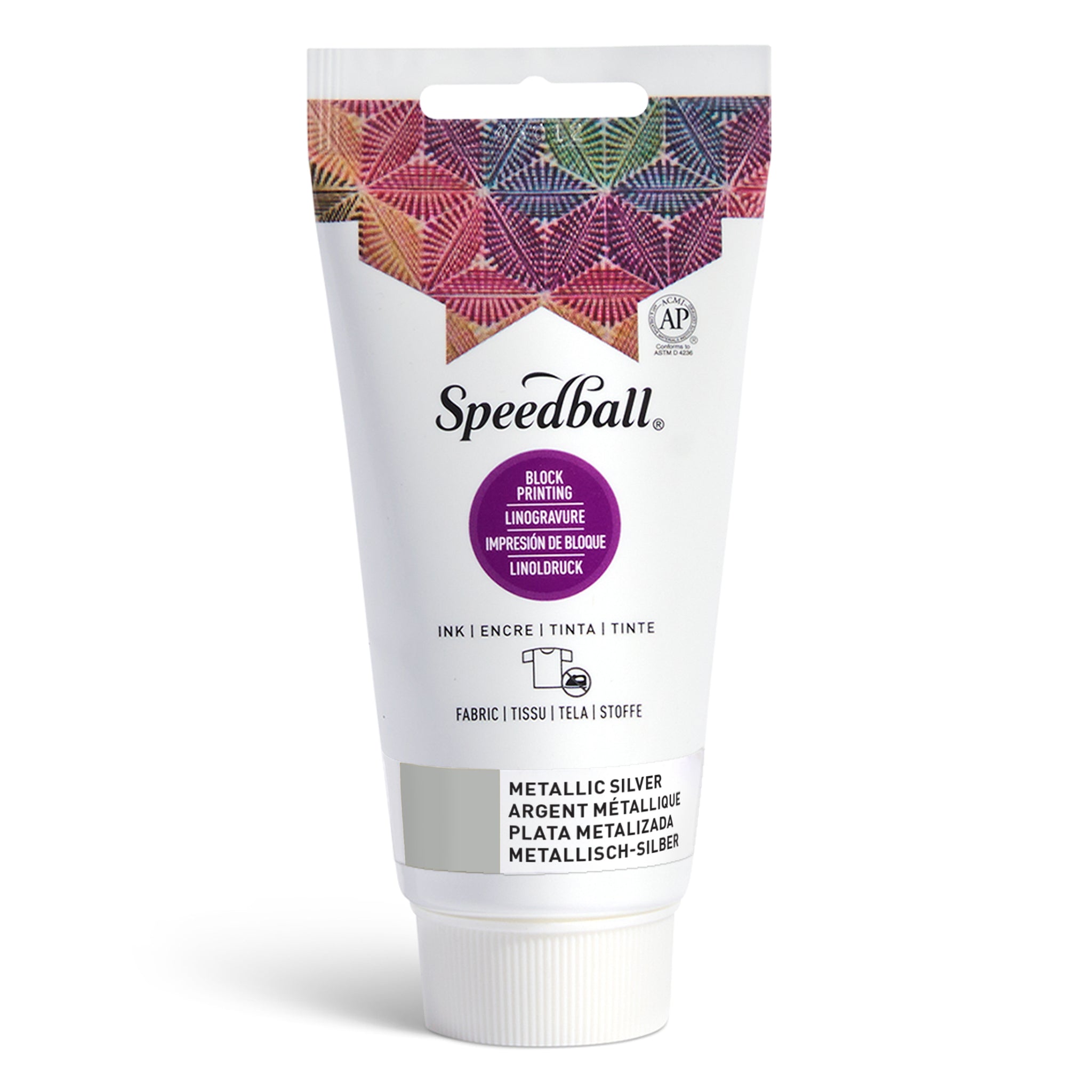 Speedball Fabric Relief Printing ink tube with colourful design and silver colour swatch on a white background