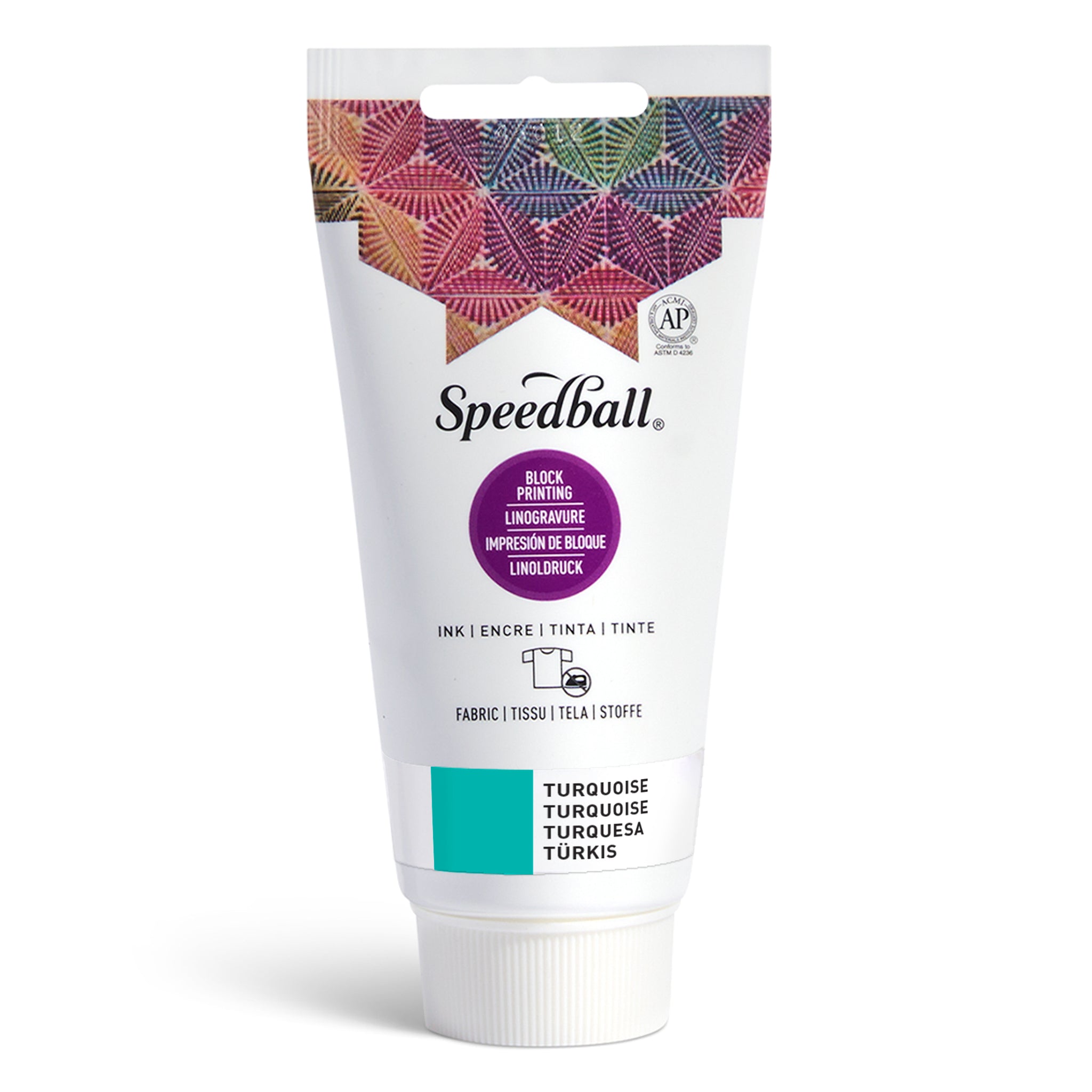 Speedball Fabric Relief Printing ink tube with colourful design and blue / green colour swatch on a white background