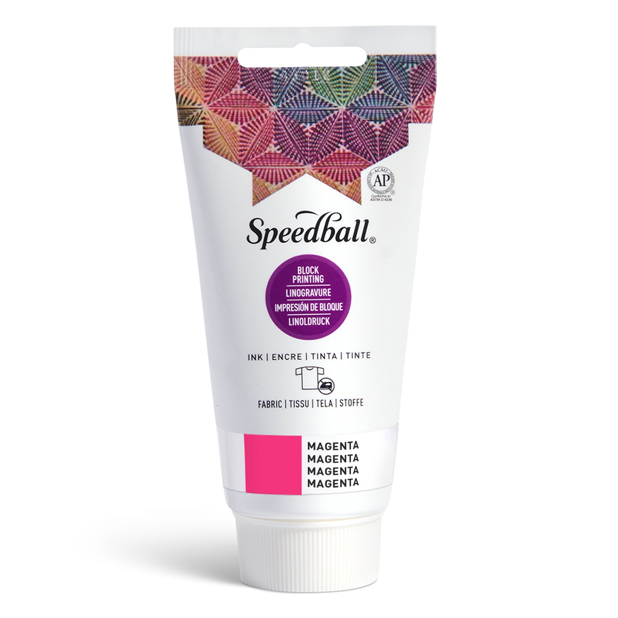 Speedball Fabric Relief Printing ink tube with colourful design and pink colour swatch on a white background