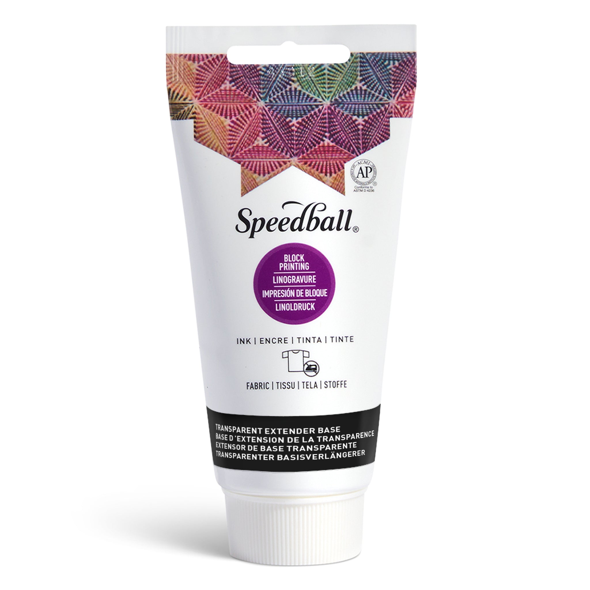 Speedball Fabric Relief Printing ink tube with colourful design on a white background