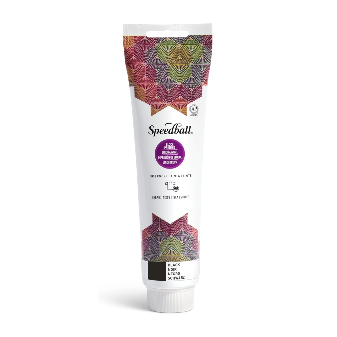 Speedball Fabric Relief Printing ink tube with colourful design and black colour swatch on a white background