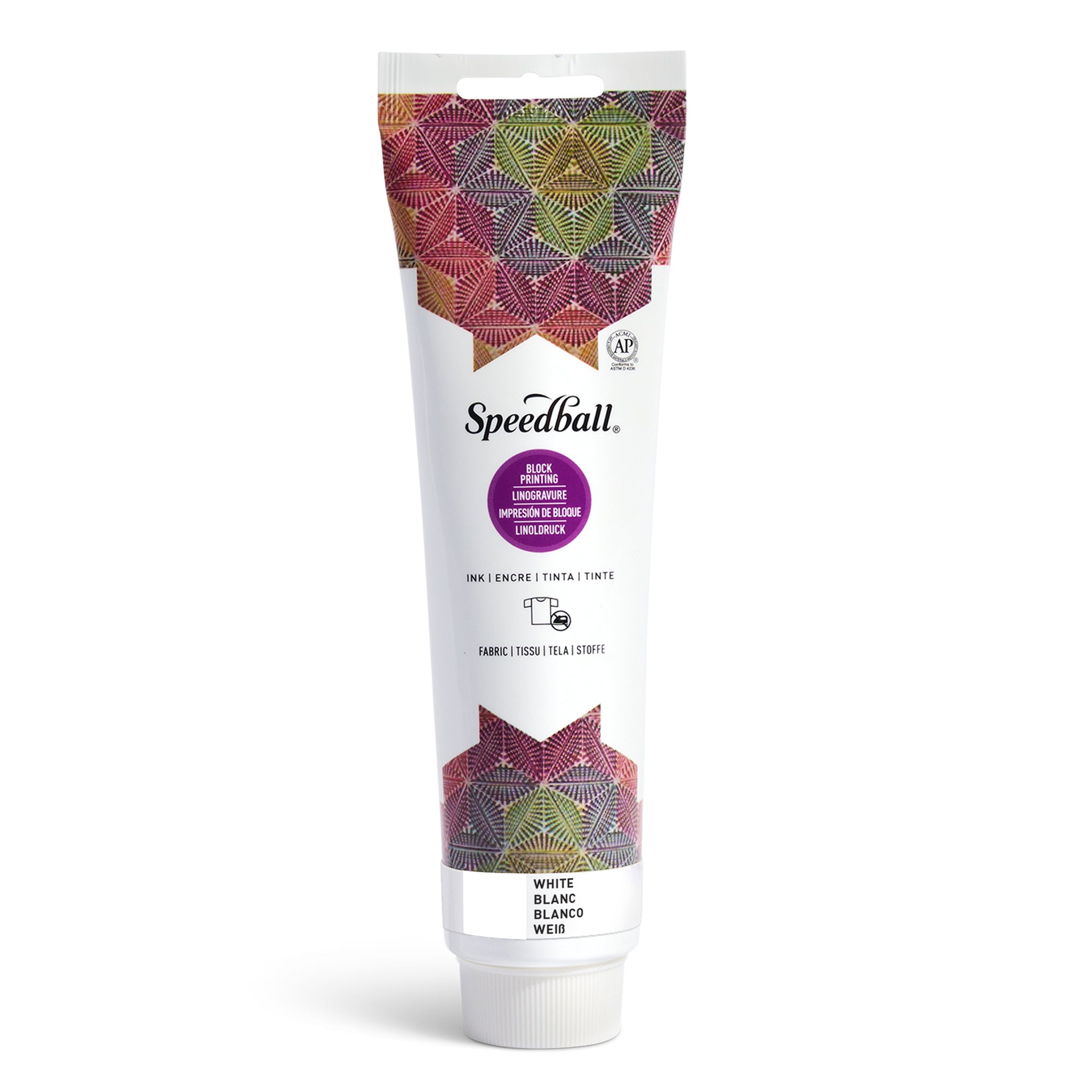 Speedball Fabric Relief Printing ink tube with colourful design and white colour swatch on a white background