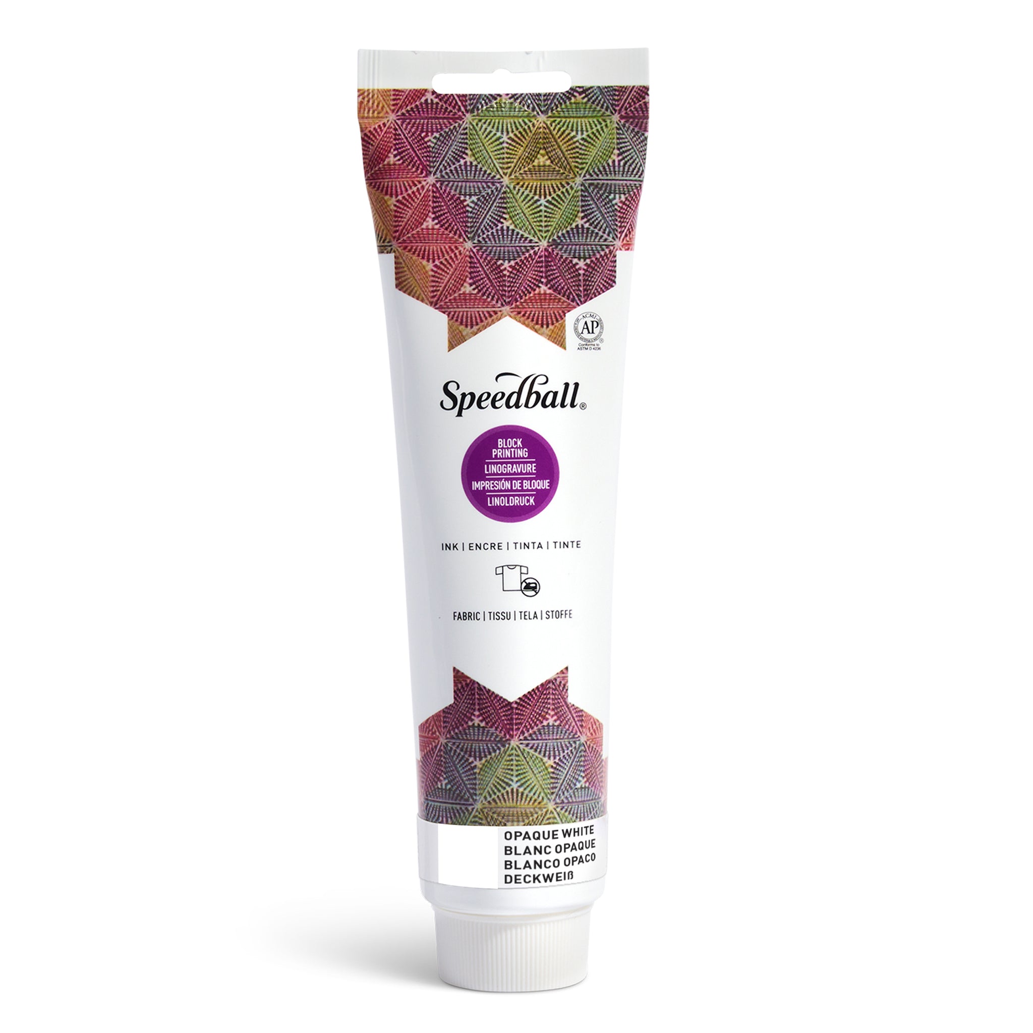 Speedball Fabric Relief Printing ink tube with colourful design and whitecolour swatch on a white background